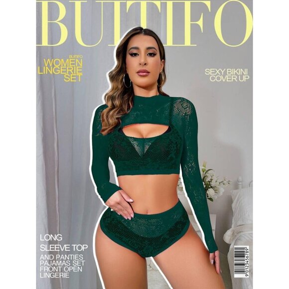 Women's Green Lingerie Imported Front Open Bodysuit Sexy Nightwear Pajamas Set - Picture 2 of 6